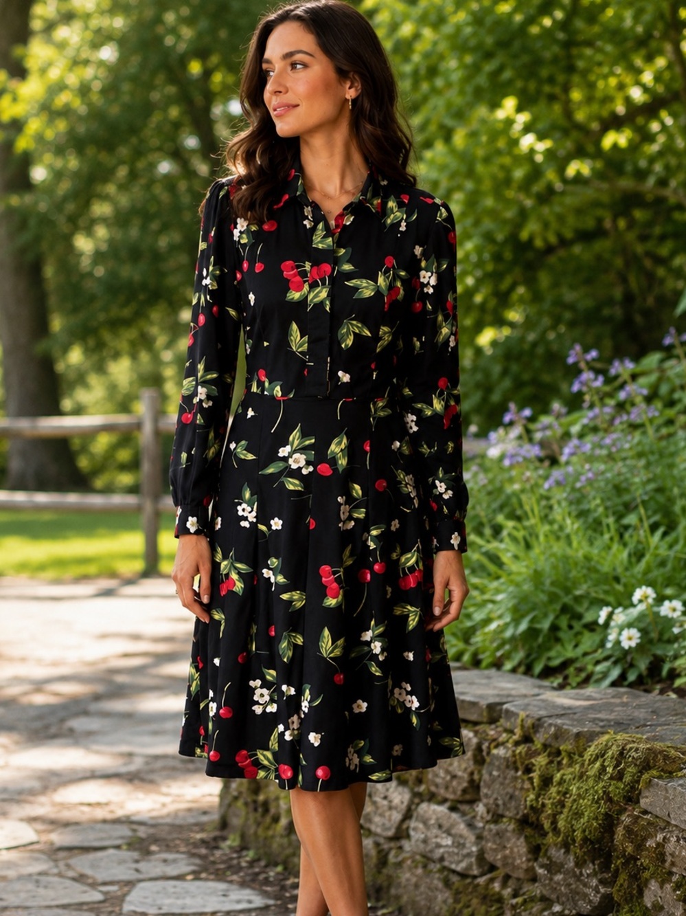 Stylish Cotton Long Sleeve Cherry / Floral Cotton Dress